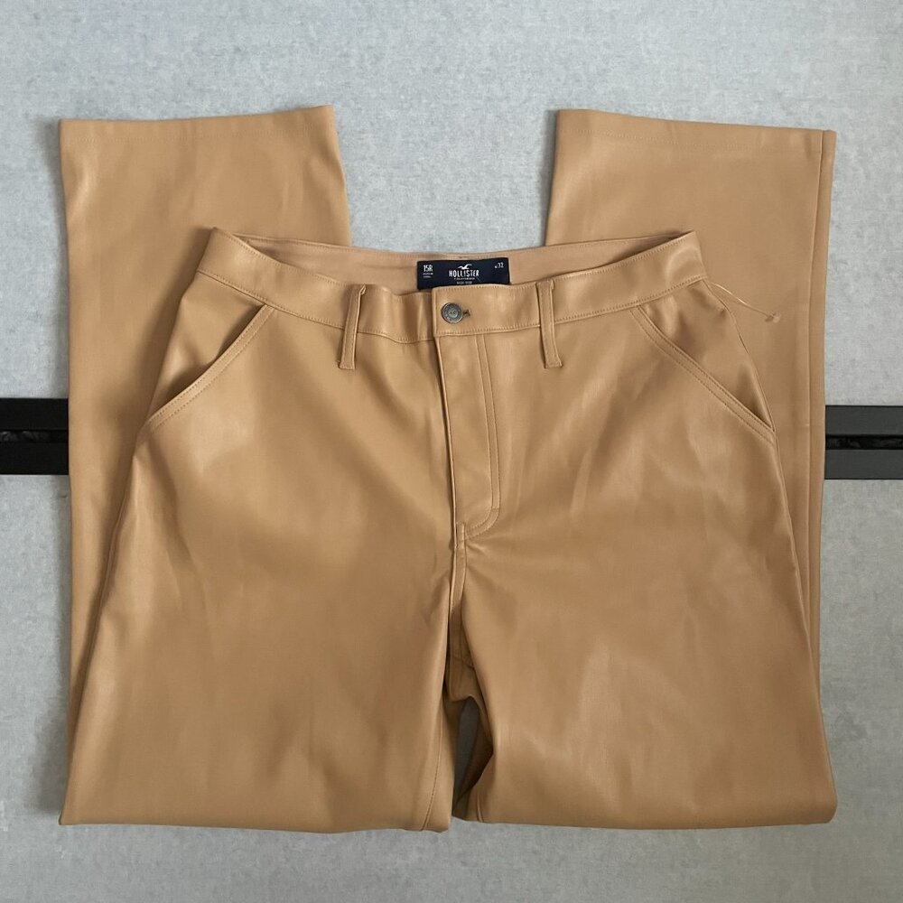 HOLLISTER High Rise Faux Leather Pants 15 32 Straight Leg Dad Beige Camel NWOT
